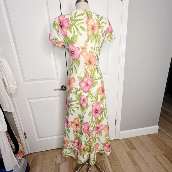Talbots Size 6 Linen Maxi Dress Tropical Floral Print Cream Pink Green - Picture 2 of 7
